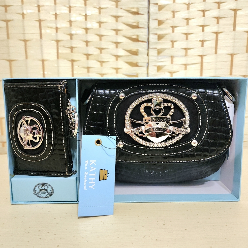 NIB Kathy Vanzeeland Crossbody Bag Purse & Wallet With Key Ring Black